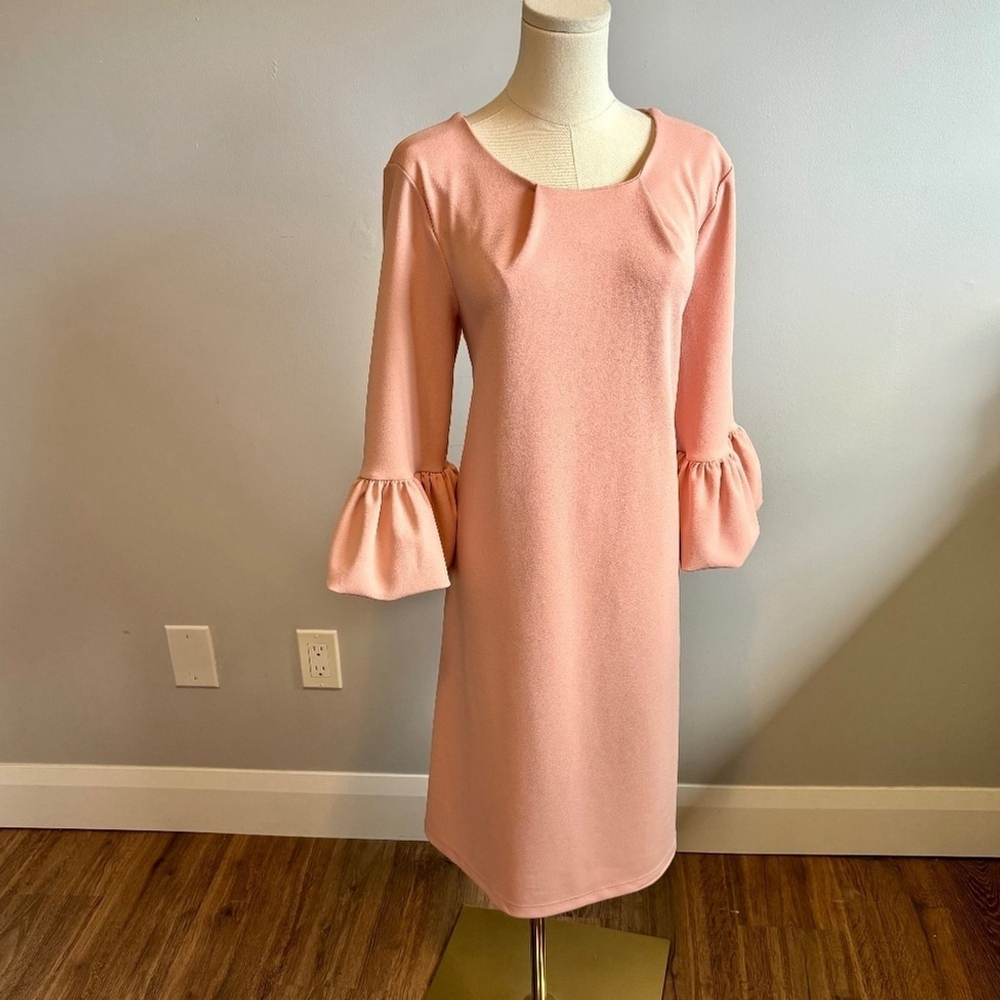Nina Leonard, Woman's Blush Pink, Ruffled Sleeve, Pleated Midi Shift Dress, SZ M